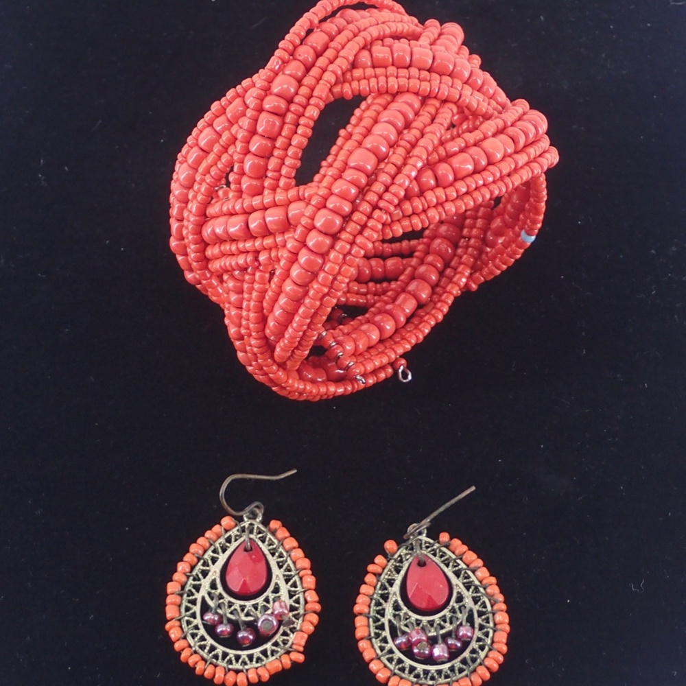 Coral Seed Bead Braided Cuff Bracelet & Drop Earring Matching Set Mint Condition